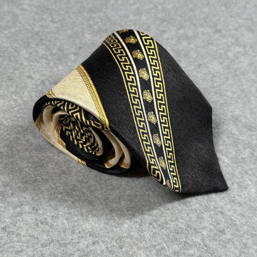 Vintage‎ Gianni Versace Silk Tie Medusa Greek Key Black Gold Made Italy 58x3.5in